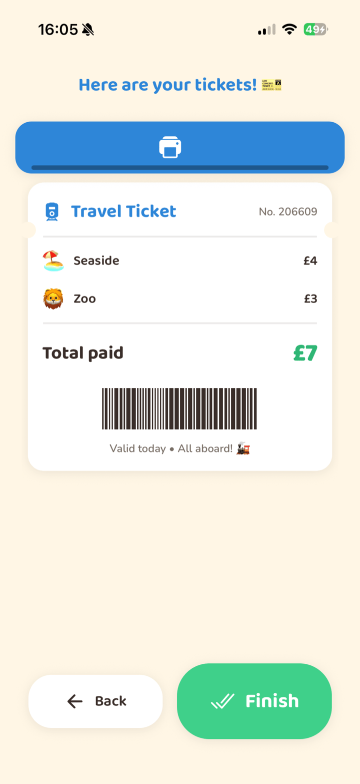 Printed travel tickets in KidPad